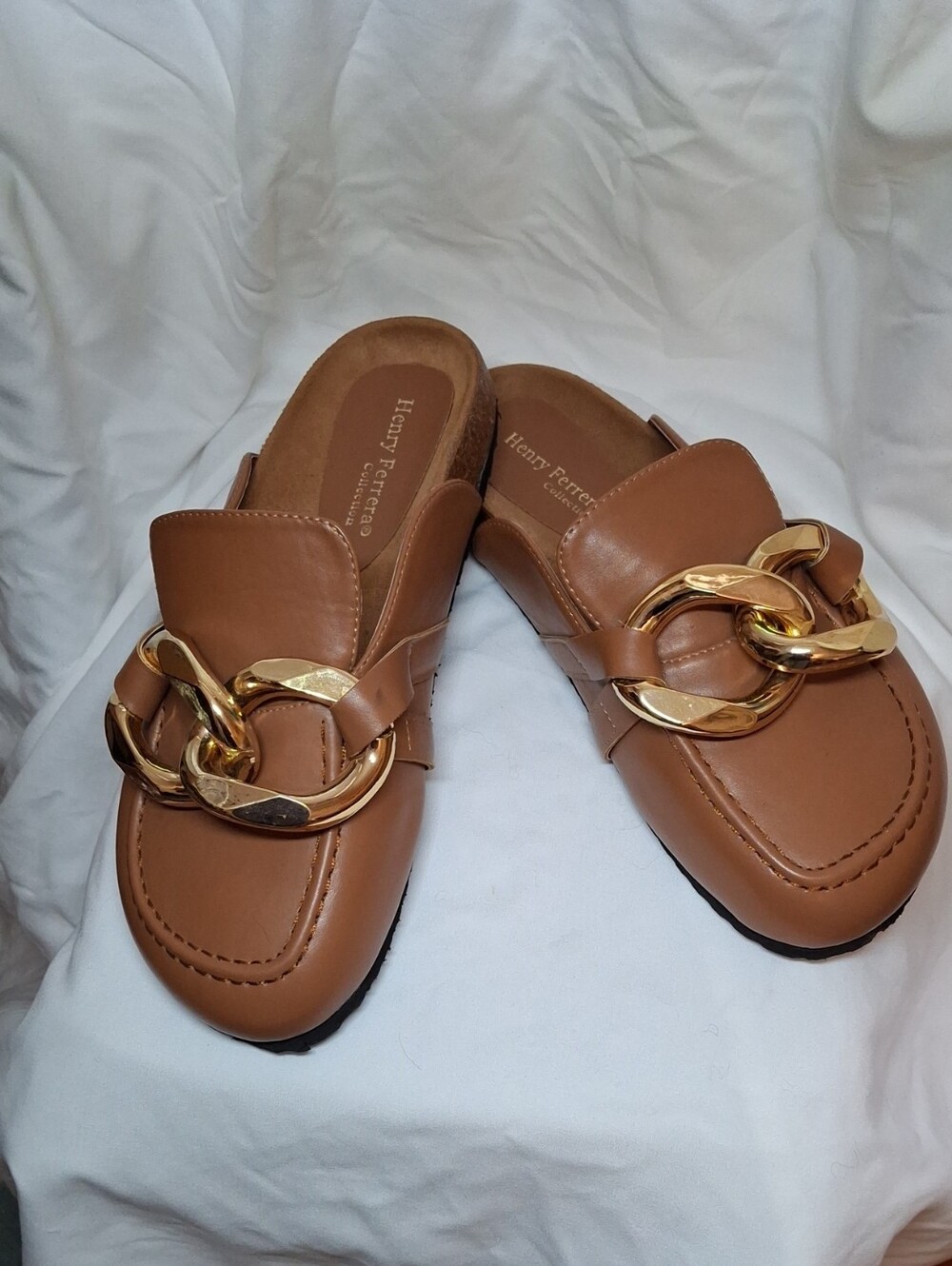 Henry Ferrera Cognac Slip-On Mules with Gold Chain